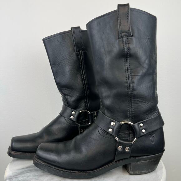 Frye Harness Black Leather Moto Mid-Calf Block Heel Square Toe Boots (Sz 10) - Picture 13 of 14